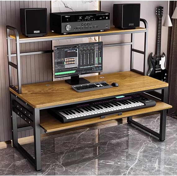 Music Studio Desk Workstation with Keyboard Tray, Organized Wiring & Keyboard Shelf Workbench Electronic Piano Midi Keyboard Music Production Recording Studio(Oak Color,55in)
