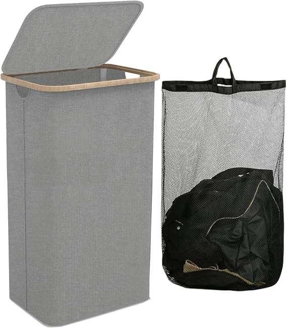 100L Laundry Basket with Lid, removable inner washing bag. Washing Baskets for Laundry with Inner Bag and Handles - Slim Laundry Bin with Bamboo Handles Suitable for Bedroom and Bathroom (Grey)