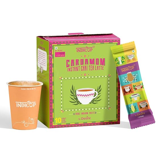 INDICUP Instant Chai Tea Premix Cardamom Tea Latte | True Indian Taste | Just Add Hot Water | Tea Powder | 10 Single Serve Sachets | 220g (7.76 Ounce) (Cardamom (Normal Sugar))