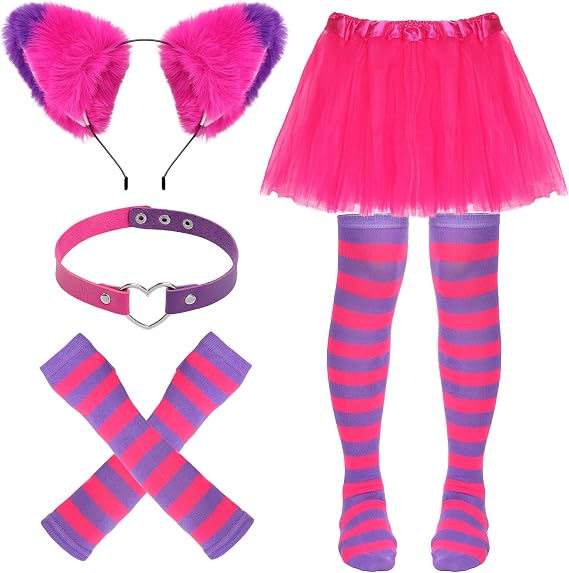 Pink and Purple Striped Cat Costume Cat Ears Choker Tutu Skirt Gloves Socks | Fluffy Pink Purple Striped Cat Cosplay Accessories for Birthday Holiday Halloween Dress Up