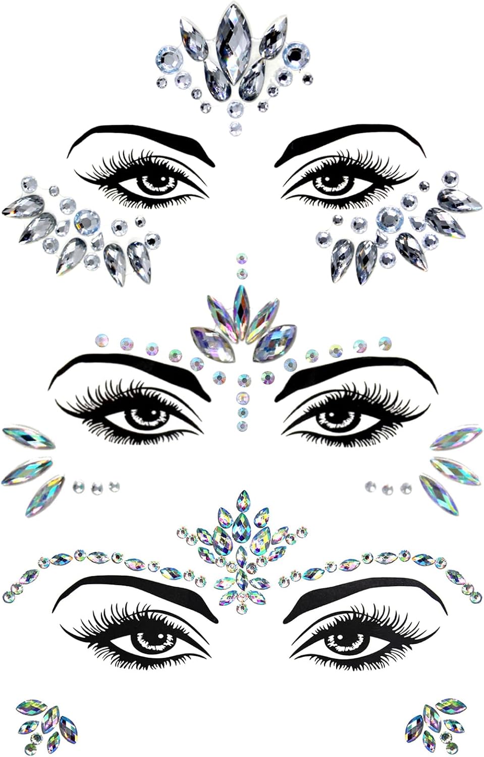 Sularpek Face Gems, 3 Pcs Face Gems Glitter, Gemstone Face Stickers, Face Gems for Festivals, Crystals Face Stickers for Eyes, Self-Adhesive Body Temporary Tattoos for Party, Rave Festival