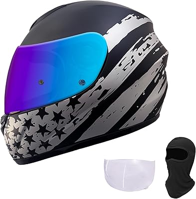 KRN Full Face Motorcycle Motorbike Helmet with Color Visor DOT Approved- Helmet & Balaclava & Clear Visor Star