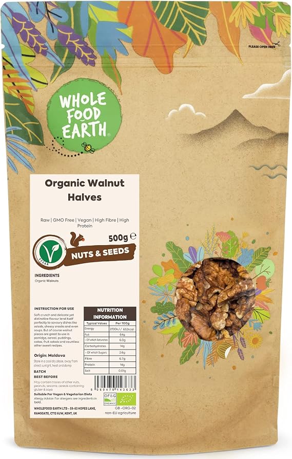 Wholefood Earth Organic Walnut Halves 500g Raw | GMO Free | Vegan | High Fibre | High Protein | Certified Organic
