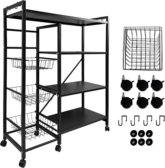 Baker's Rack w/ 3-Tier Shelves & Sliding Mesh Baskets Microwave Stand