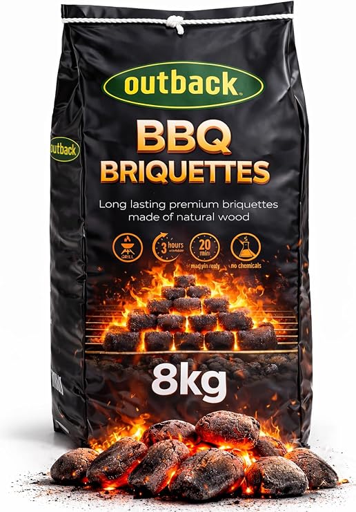 OUTBACK Briquettes 8kg Bag Premium BBQ Charcoal Briquettes, Hotter Longer Burning Constant High Temperature Barbecue Charcoal Coal Perfect for Outdoor Grills (1x 8kg Bag)