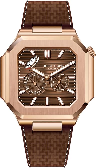 REEF TIGER Men's Rose Gold Watch Square Dial Mechanical Luminous 50m Waterproof Leather Strap Automatic Timepiece RGA20S9 (RGA20S9-POWR)