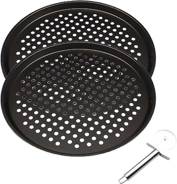 2 PCS Non-Stick Pizza Tray, Perforated Oven Safe Baking Tray | Carbon Steel for Crispy Base and Even Heating | Dishwasher and Fridge Safe for Home and Restaurant Use 2 Trays + Cutter