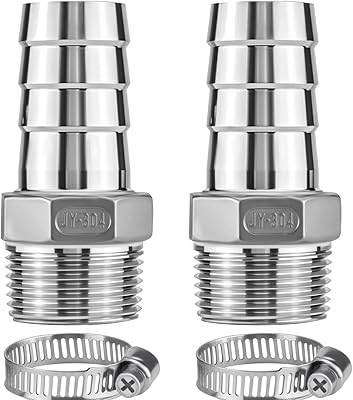 2 PACK 304 Stainless Steel 1 Hose Barb x 1 NPT Male Thread Fitting, Lead-Free Heavy Duty Connector with Hose Clamps for Air Water Oil Hose Pipe 2 PACK, 1 Barb x 1 NPT