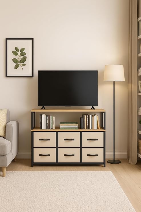 2 Raflı 6 Çekmeceli Tv Sehpası Deri Çekmeceli Tv Ünitesi Kitaplıklı Tv sehpası krem