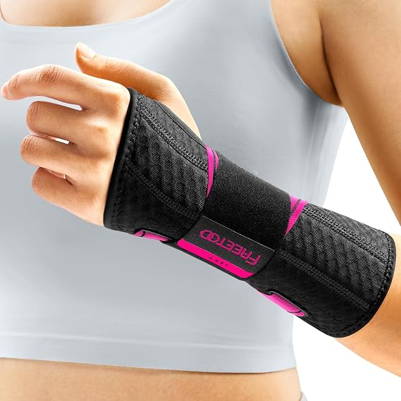 FREETOO Carpal Tunnel Wrist Brace Night Support.Pink,Left Hand,S/M | Wrist Splint,Hand Brace,Tendonitis,Sprain,Arthritis;Sleeping,Work,Type;Breathable,Adjustable;Metal Plate,One-Step Wear