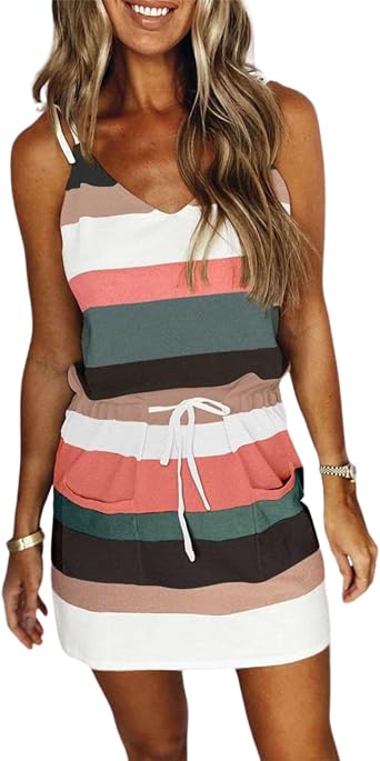 DMOYALA Spaghetti Strap Dresses for Women Striped Print Cami Dress Summer Short Sundresses Strap Tie Mini Dress with Pockets