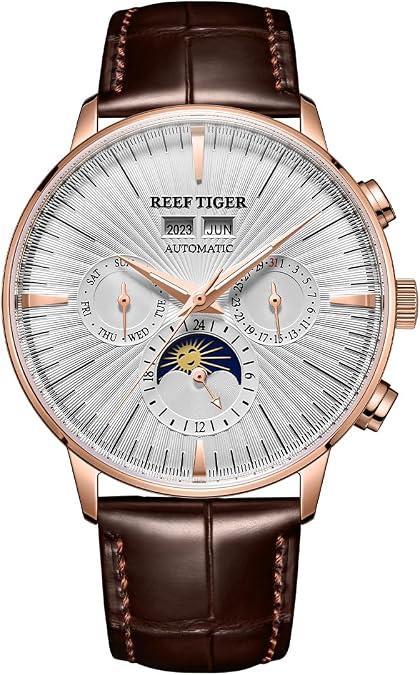 Reef Tiger Top Brand Moonphase Complete Calendar Automatic Watch for Men Luminous Waterproof Leather Classic Mechanical Watch RGA8218