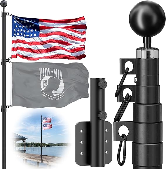 20FT Telescoping Dock Flag Pole Kit, Tangle-Free with 3x5FT USA Flag | 9 Gauge Steel Mount, Withstands High Winds,Heavy Duty, Rust Resistant Aluminum, Dock & In-Ground Use,Fly 2 Flags,Easy Install