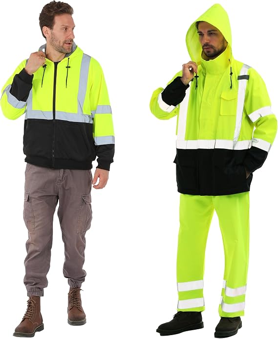 sesafety Hi Vis Rain Suits for Men, High Visibility Safety Hoodie for Men Fleece Lined Reflective Zip up Sweatshirt Class 3 Heavy Duty Hi Vis Jacket, Bundle