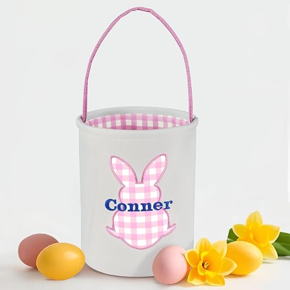 Easter Basket, Jocidea Personalized Easter Baskets, Easter Bunny Basket, Easter Egg Hunt Baskets - Pink Grid Bunny