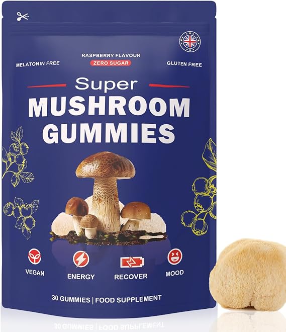 Super Mushroom Gummies with Lion's Mane Supplement, Energy, Focus, Raspberry Flavour (30 Gummies)