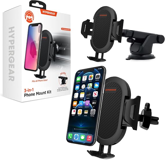 HyperGear 3-in-1 Car Phone Mount, Magnetic Phone Holder for Car with Vent Clip, Dashboard & Windshield Suction, Universal Cellphone Holder