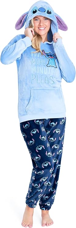 Disney Stitch Womens 2Pc Fleece Pajama Set, Plush Loungewear with Hood, Minnie Eeyore Simba SXL Sleepwear Gifts for Women