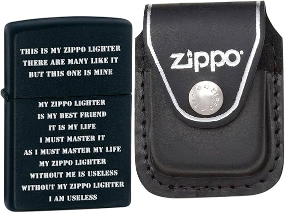 Zippo 24710 Classic Black Matte ZPP Creed Windproof Pocket Lighter with Zippo Black Leather Clip Pouch