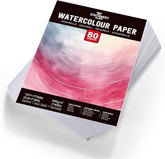 STATIONERY ISLAND 80 Sheets Watercolour Paper Bulk, 5" x 7" Natural White 300gsm Cold-Pressed Water Colour Paper, Loose Sheets Watercolour Sketchbook for Painting, Drawing, and Mixed Media