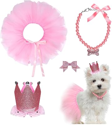Dog Party Supplies Set - Pink Tutu Skirt, Birthday Hat, Necklace for Puppy Cat Halloween Wedding Costume