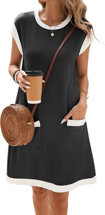 Famulily Women's Summer Sundress Trendy Color Block Cap Sleeve Beach Party Dresses with Pockets S-XXL