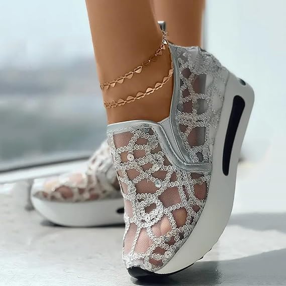 White Sneakers for Women Lace Fashion Sneakers Floral Embroidery Platform Sneakers Mesh Wedge Shoes Comfortable Casual Outdoor Walking Shoes Slip On Tennis Shoes Work Shoes