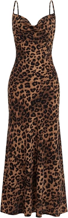 Floerns Women's Leopard Print Draped Collar Spaghetti Strap Cami Long Dress