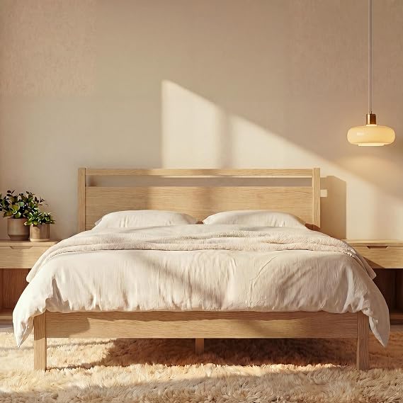 LIFEMENT Signature Wood Platform Bed Frame with Headboard, Essential, Noise Free, Under Bed Storage, No Box Spring Needed, Easy Assembly (Natural, Queen (U.S. Standard))