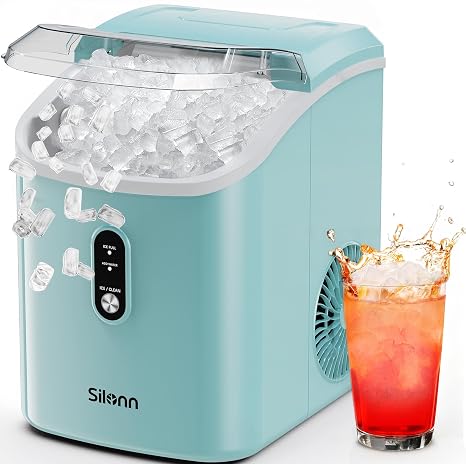 Nugget Ice Maker Countertop, Silonn Chewable Pellet Ice Machine with Self Cleaning Function, Pebble Portable Ice Maker with Ice Scoop for Home Kitchen Office, Green