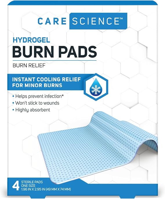 Care Science Hydrogel Burn Dressing, Sterile Pads for Burn Relief, 4 Count