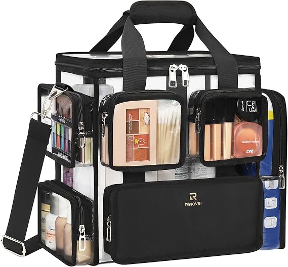 Relavel Large Clear Makeup Bags, Professional Makeup Artist Kit Set Bag with Removable Dividers, Travel Cosmetic Organizer Hairstylist Traveling Bag Transparent PVC Work Tote Bag Duffle Bag for Women