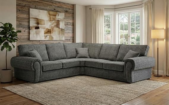 Wilcot Corner Sofa - Chesterfield High Back Sofas - Upholstered Grey Fabric 2C2 Couch - Sectional Dual Arm Settees - Chenille 5 Seater Couches for Living Room & Lounge