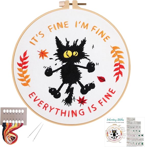 Louise Maelys Everything is Fine Embroidery Kit for Beginners Cat DIY | Cross Stitch Kits Include Pre-Printed Fabric, Embroidery Hoop, Threads, Needles and Guide. Needlepoint Kit for Adults