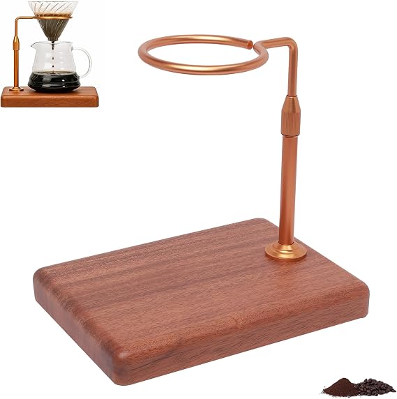 Pour Over Coffee Maker with Adjustable Stand & Wooden Base, Dripper Stand for Manual Coffee Brewing, Coffee Filter Holder, Tea Strainer Stand for Home, Cafe, Restaurant, Camping, Golden