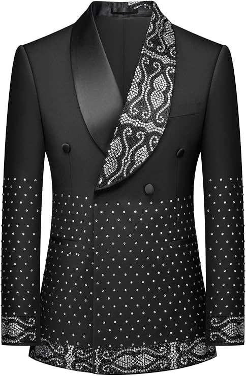 Men's Rhinestone Embellished Blazer Double Breasted Appliques Shawl Lapel Tuxedos Formal Suit Jacket Wedding