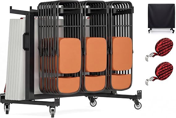Folding Chair Frame, Heavy-Duty Chair cart can Hold 42 Chairs or 12 Tables, Multi-Functional Chair Storage cart with Rubber Wheels and Fixing Frame, Large Chair Fixing Frame, Matte Black