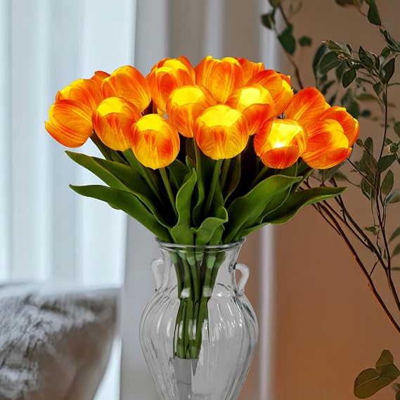 20 Stems LED Lighted Artificial Flowers Tulip Lamp Real Touch Tulips Faux Flower Lights for Valentine's Day and Easter Home Kitchen Wedding Dining Table Decor(Orange)
