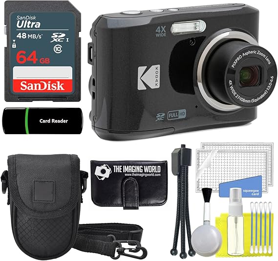 Kodak PIXPRO FZ45 16MP Digital Camera 4X Optical Zoom 27mm Wide Angle 1080P Full HD Video 2.7" LCD Camera (Black) + 64GB Card and Reader + Case + Memory Wallet + Tripod + Cleaning Bundle