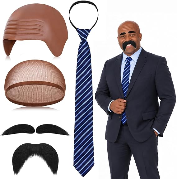 4 Pcs Halloween Costume Accessories Include Brown Bald Cap,Stripe Tie,Cap Net,Mustache Eyebrows for Men Women Party Dress Up