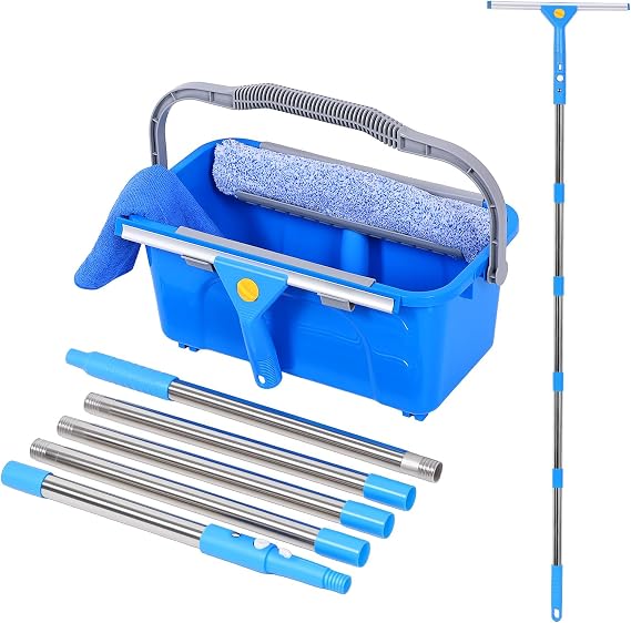 Professional Window Cleaning Kit with Bucket 3 Gallon, 76" Long Handle Squeegee and Microfiber Scrubber, High Window Washing Equipment for Indoor