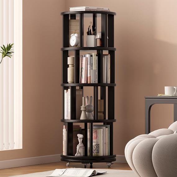 Muwuele 4 Tier Solid Wood Rotating Bookshelf Tower on Wheels, Black