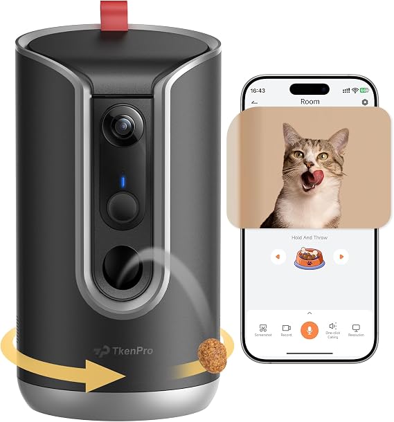 TKENPRO 2K Pet Camera Treat Dispenser, AI Photo Album, Dog Camera with 360 Auto Tracking & 5G/2.4G WiFi, 2-Way Talk, Remote Treat Tossing, Motion Alerts for Cats Indoor