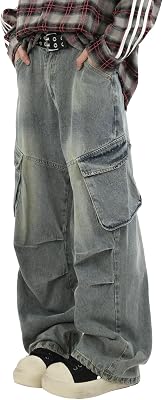 Mens Teens Y2k Baggy Cargo Jeans Washed Wide Leg Hip Hop Denim Pants Casual Loose Fit Trousers Streetwear with Pocket