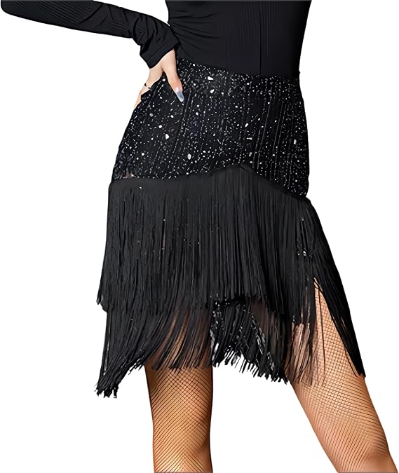 Women Black Latin Dance Skirt Practice Wear Tassel Skirt Short Skirt Professional Dance Skirt Performance Skirt