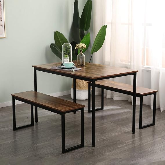 SogesPower 3 Piece Dining Table Set Kitchen Dining Table with 2 Benches Breakfast Table, Coffee Table Set, Home Office Table Set, Computer Table for 2, Nesting Table Set