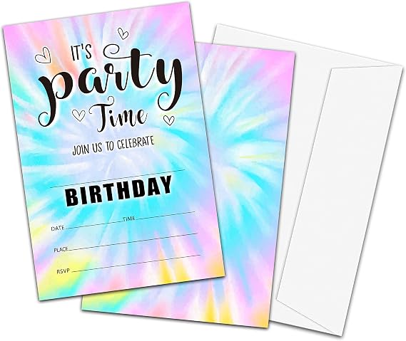 Tie Dye Theme Birthday Invitations, Fill-In Style Birthday Party Invitations with Envelopes For Boys Girls(20-Pack), Birthday Party Decorations And Supplies -yqk-a63