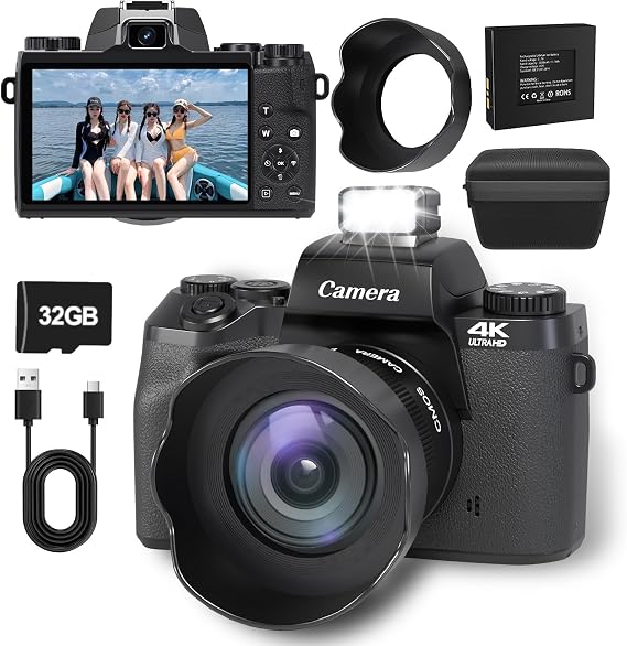 Digital Camera 4K 64MP 1080P FHD Photo Camera with Auto Focus 16X Digital Zoom Camera Portable Compact Camera 4.0 Inch Touch Screen with 32GB TF Card