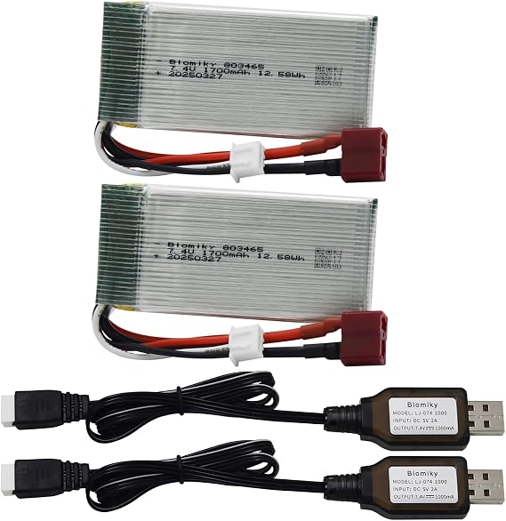 Blomiky 2 Pack 7.4V 1600mAh 12.58Wh 30C Lipo Battery with T Plug and USB Cables for 1:10 Scale 200E 9200 9200E 9205E 9206E RC Trucks