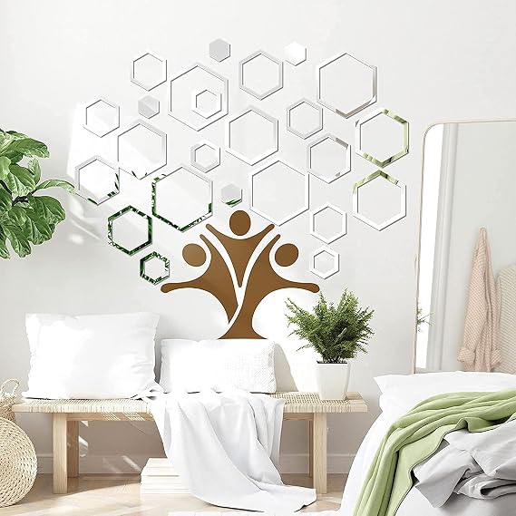 Hollow Hexagon Mirror Wall Stickers, 24 PCS Removable 3D Acrylic Mirror Wall Sticker DIY Art Walls Decals, Non Glass Mirror Plastic Walls Sheet Tile Office Living Room Bedroom Home Wall Decoration (A)